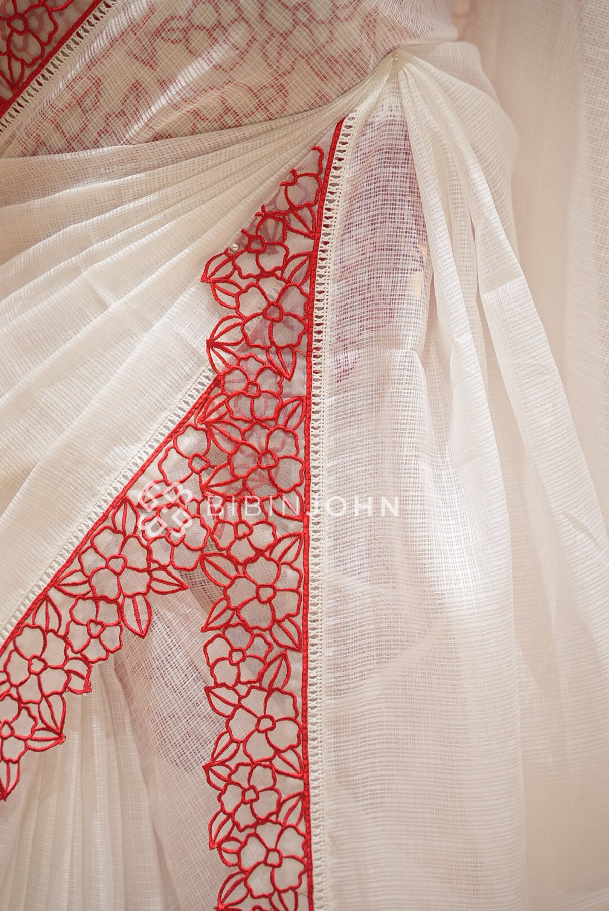 Cotta Embroidery Saree Ivory White Bright Red  side view