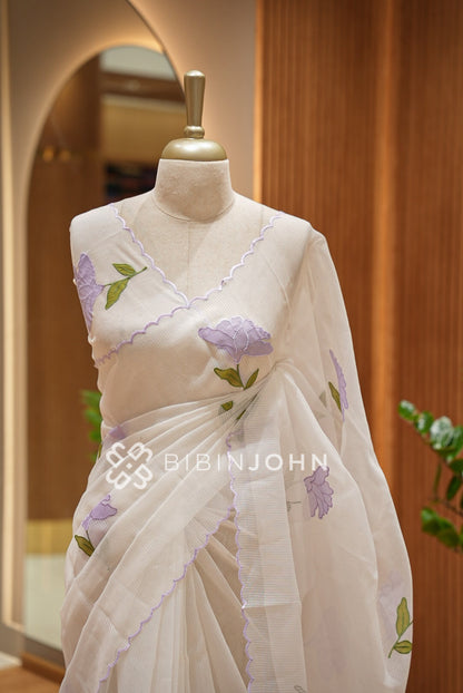 Cotta Embroidery Saree Ivory White CLOSE VIEW