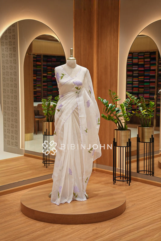 Cotta Embroidery Saree Ivory White