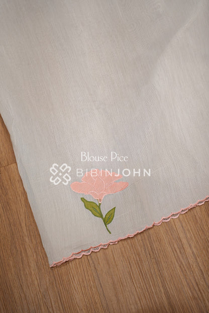 Cotta Embroidery Saree Ivory White With Peach Pink  BLOUSE PIECE