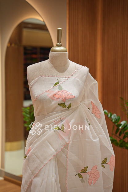 Cotta Embroidery Saree Ivory White With Peach Pink  CLOSE VIEW