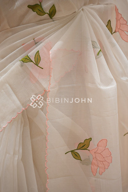 Cotta Embroidery Saree Ivory White With Peach Pink  SIDE VIEW