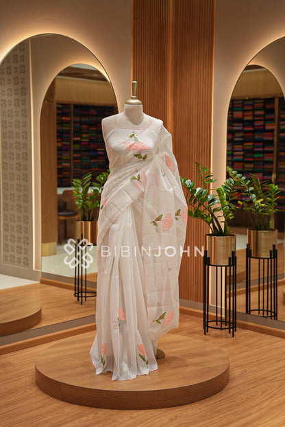 Cotta Embroidery Saree Ivory White With Peach Pink 