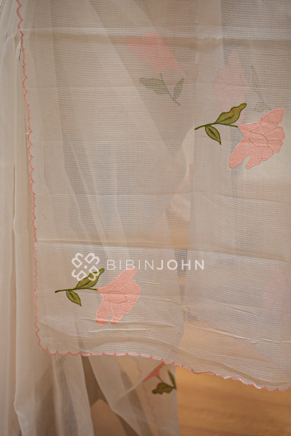 Cotta Embroidery Saree Ivory White With Peach Pink  PALLU