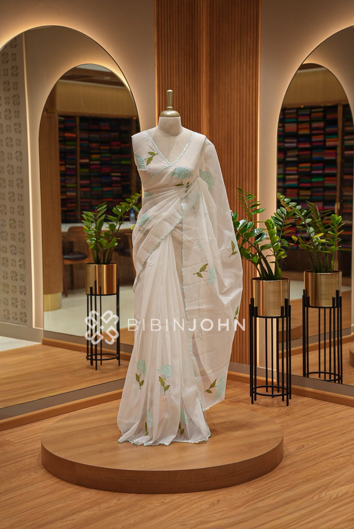 Cotta Embroidery Saree Ivory White White Aqua Blue 