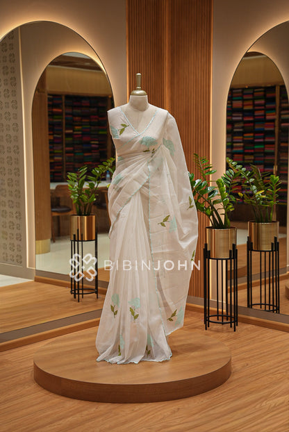 Cotta Embroidery Saree Ivory White White Aqua Blue 