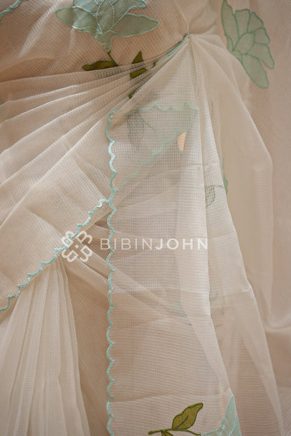 Cotta Embroidery Saree Ivory White White Aqua Blue  SIDE VIEW