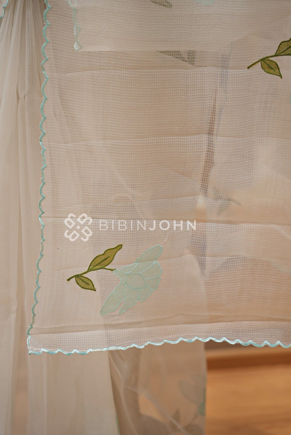 Cotta Embroidery Saree Ivory White White Aqua Blue  PALLU