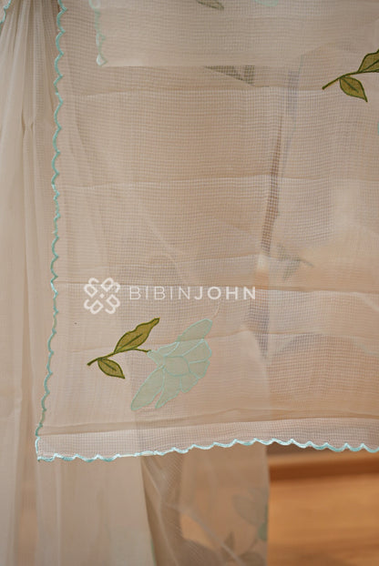 Cotta Embroidery Saree Ivory White White Aqua Blue  PALLU