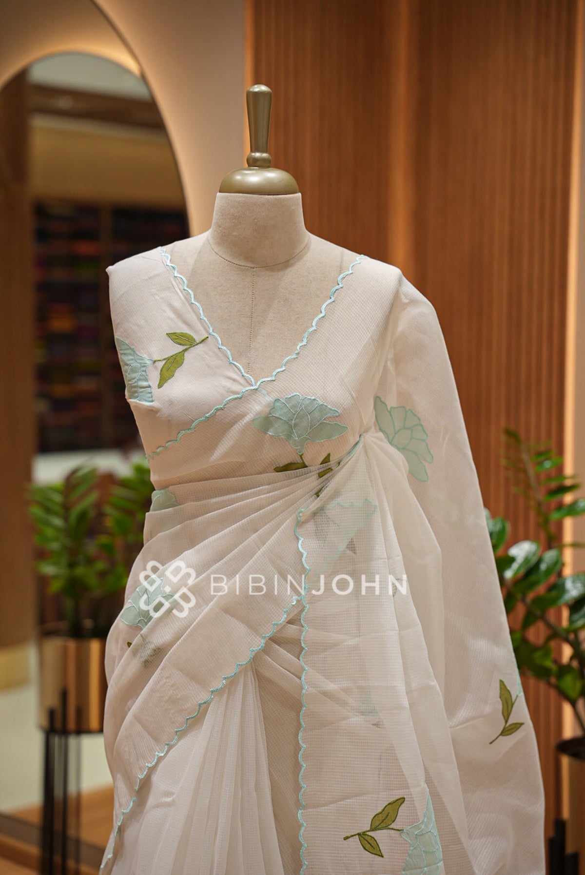 Cotta Embroidery Saree Ivory White White Aqua Blue  CLOSE VIEW