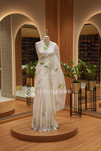 Cotta Embroidery Saree Ivory White White Light Green 
