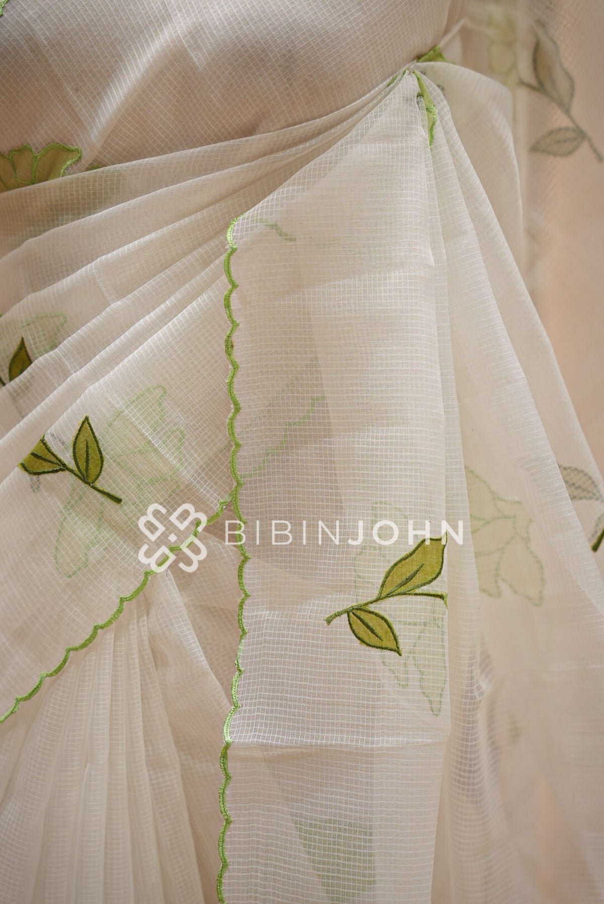 Cotta Embroidery Saree Ivory White White Light Green  SIDE VIEW