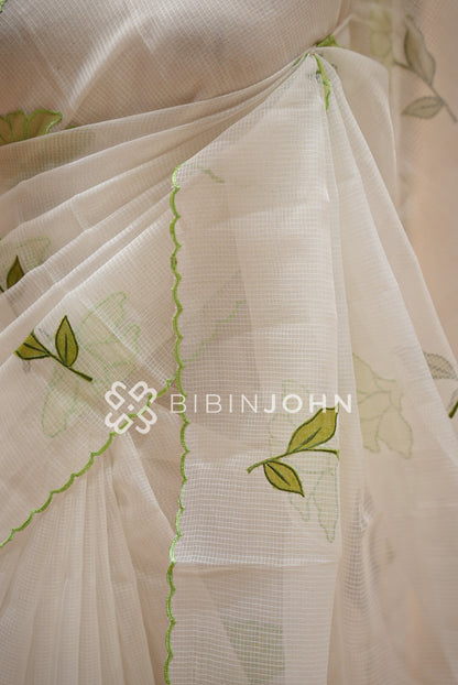Cotta Embroidery Saree Ivory White White Light Green  SIDE VIEW
