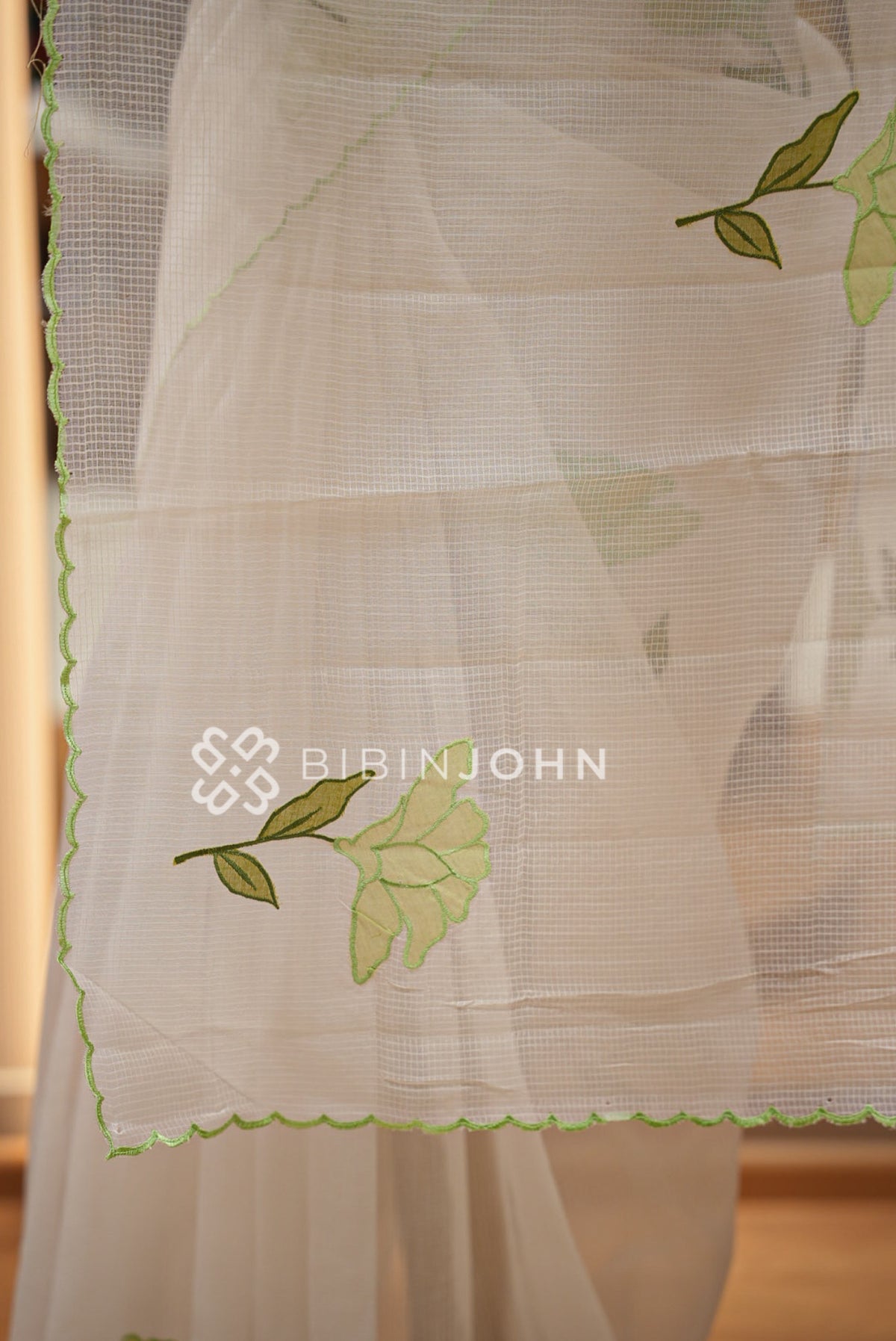 Cotta Embroidery Saree Ivory White White Light Green  PALLU