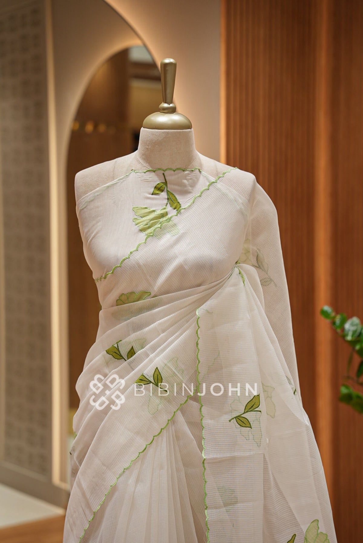 Cotta Embroidery Saree Ivory White White Light Green  CLOSE VIEW