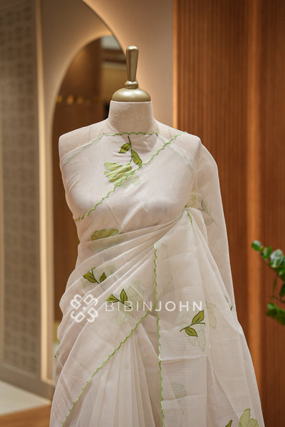 Cotta Embroidery Saree Ivory White White Light Green  CLOSE VIEW