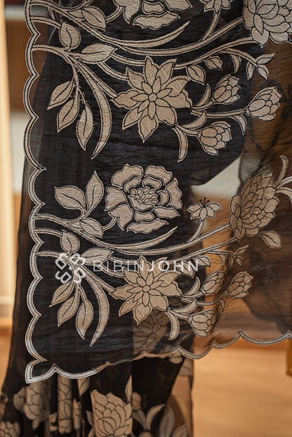 Tissue Organza Applique Saree For Women Black PALLU