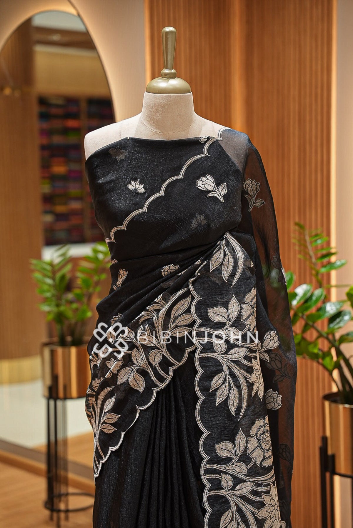 Tissue Organza Applique Saree For Women Black CLOSE VIEW