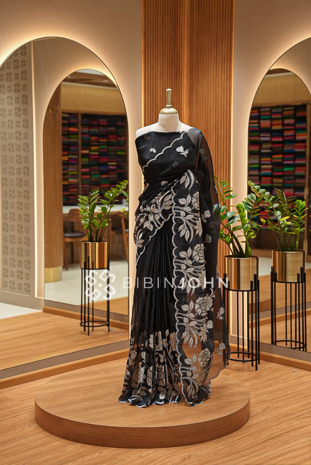 Tissue Organza Applique Saree For Women Black