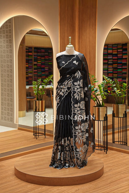 Tissue Organza Applique Saree For Women Black