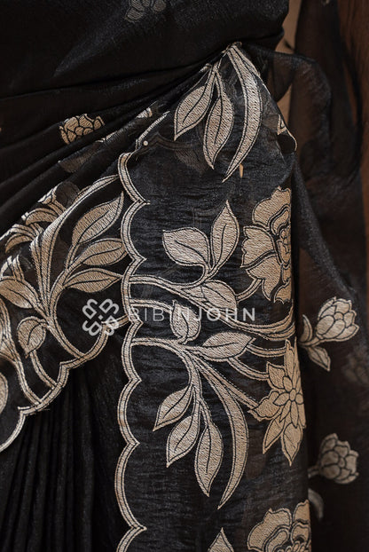 Tissue Organza Applique Saree For Women Black SIDE VIEW