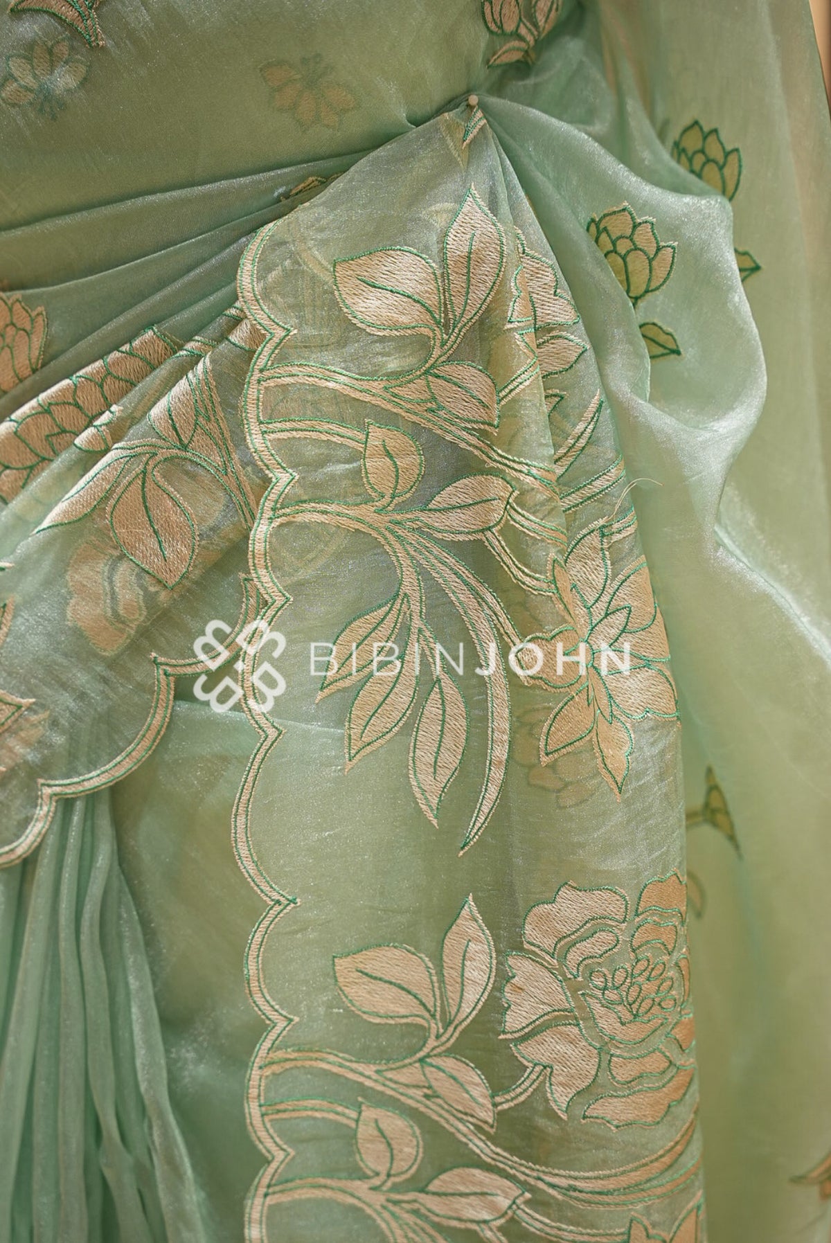 Tissue Organza Applique Saree For Women Mint Green SIDE VIEW