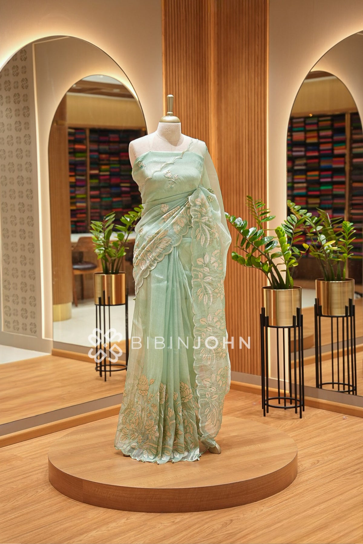 Tissue Organza Applique Saree For Women Mint Green