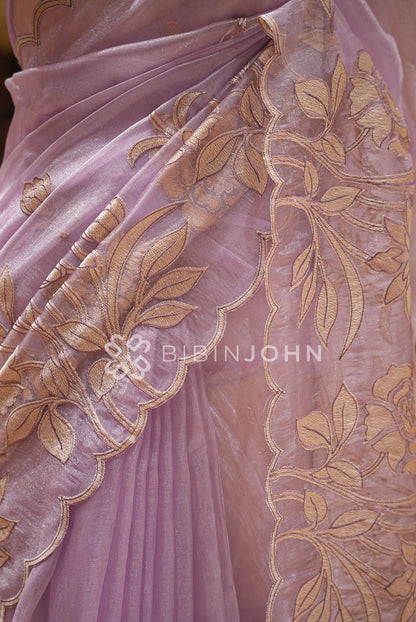 Tissue Organza Applique Saree For Women Lavender SIDE VIEW
