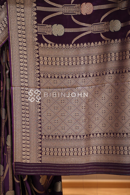 Satin Brocade Saree For Women Plum Purple PALLU