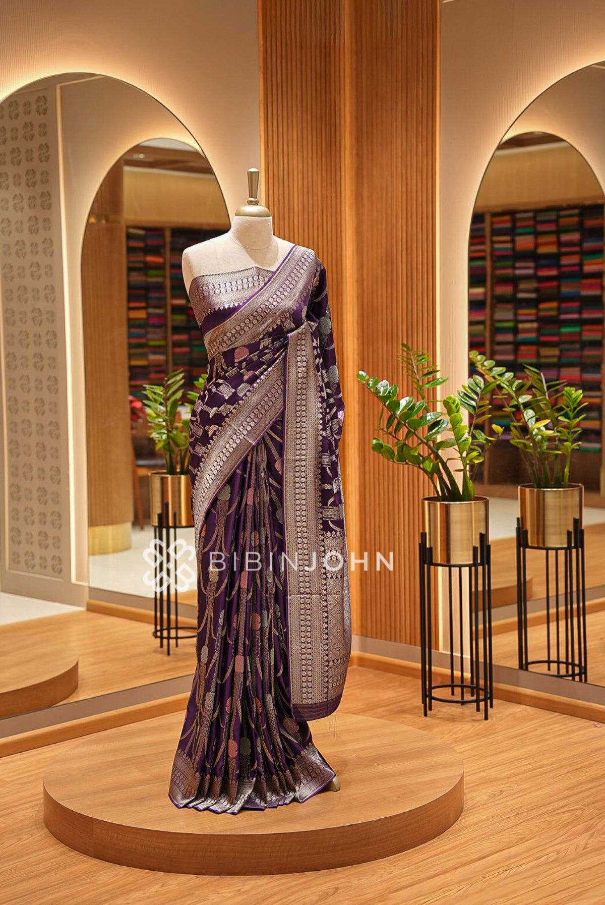 Satin Brocade Saree For Women Plum Purple
