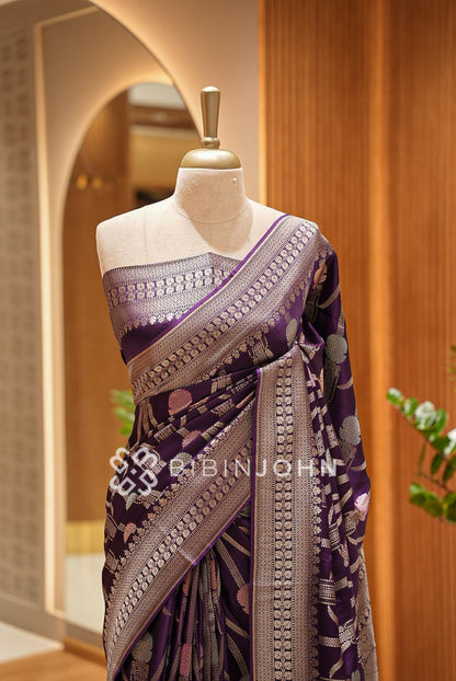 Satin Brocade Saree For Women Plum Purple CLOSE VIEW