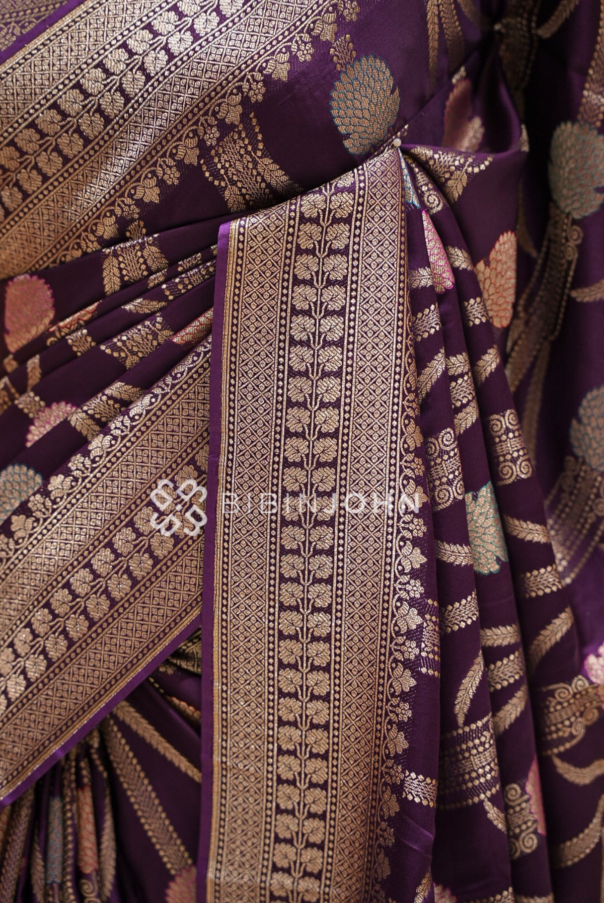 Satin Brocade Saree For Women Plum Purple SIDE VIEW