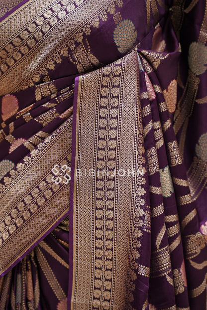 Satin Brocade Saree For Women Plum Purple SIDE VIEW