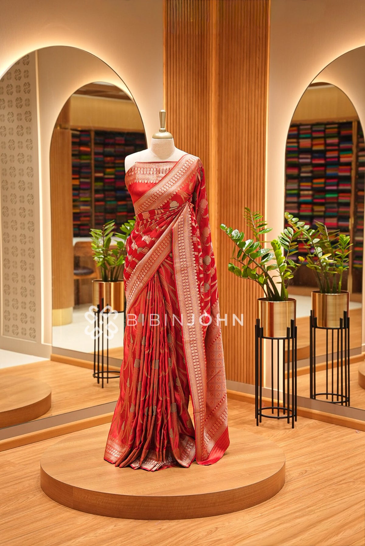 Satin Brocade Saree For Women Vibrant Red