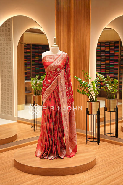Satin Brocade Saree For Women Vibrant Red