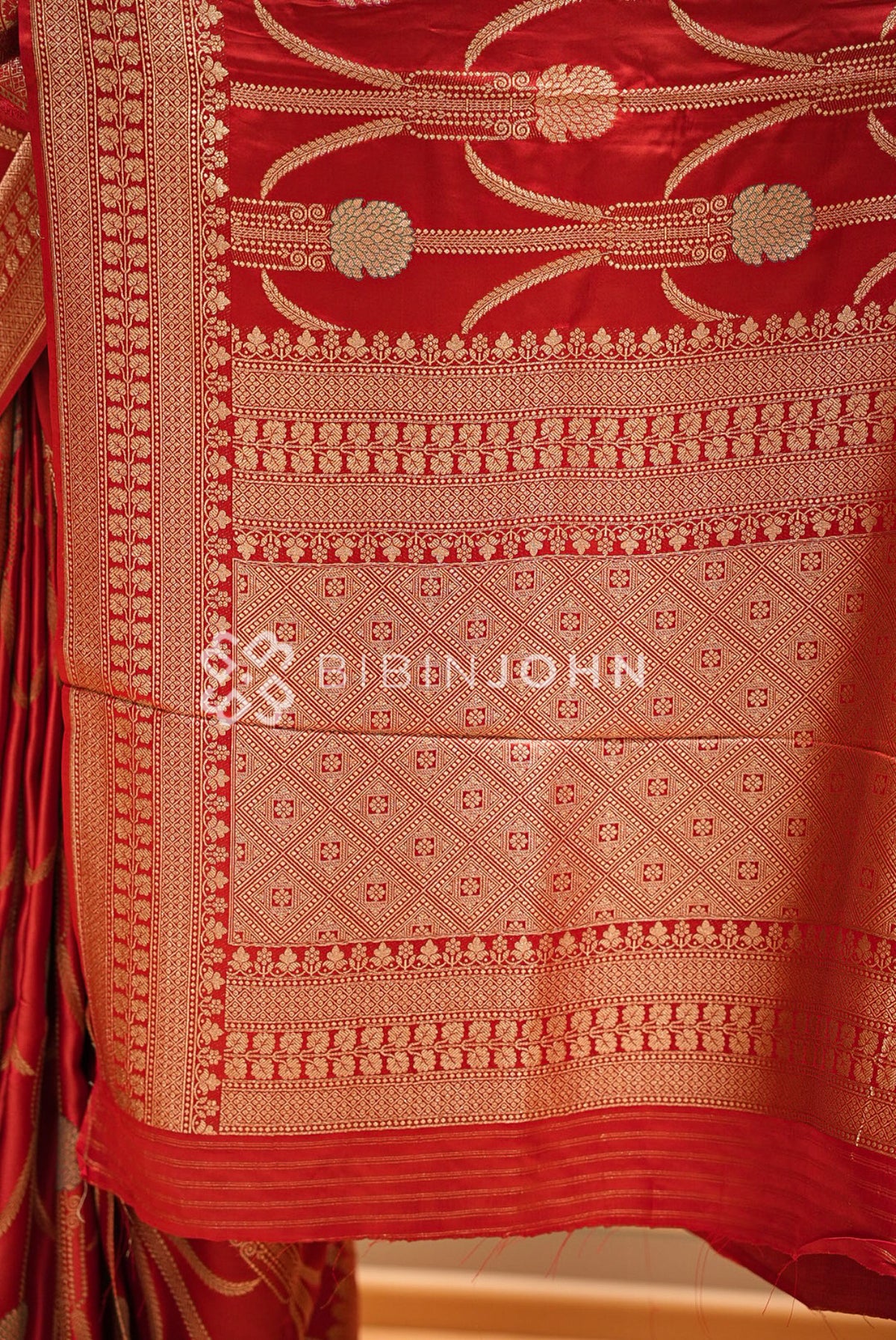 Satin Brocade Saree For Women Vibrant Red PALLU