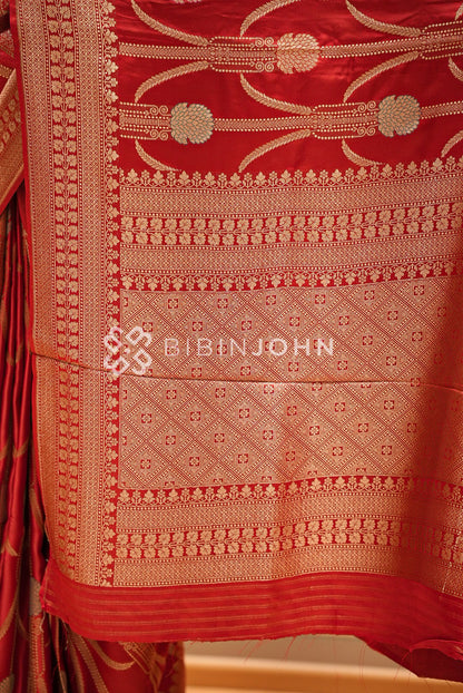Satin Brocade Saree For Women Vibrant Red PALLU