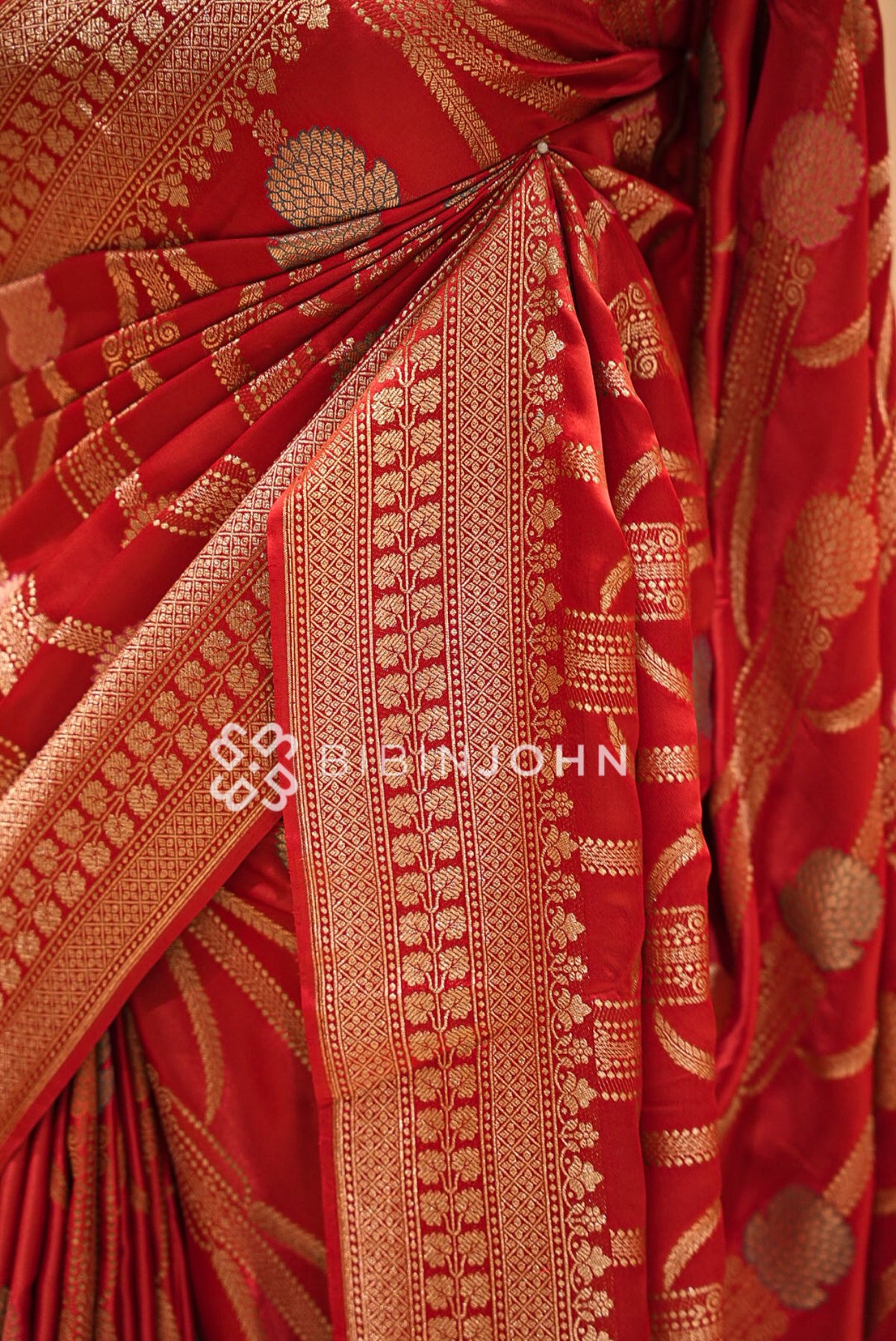Satin Brocade Saree For Women Vibrant Red CLOSE VIEW