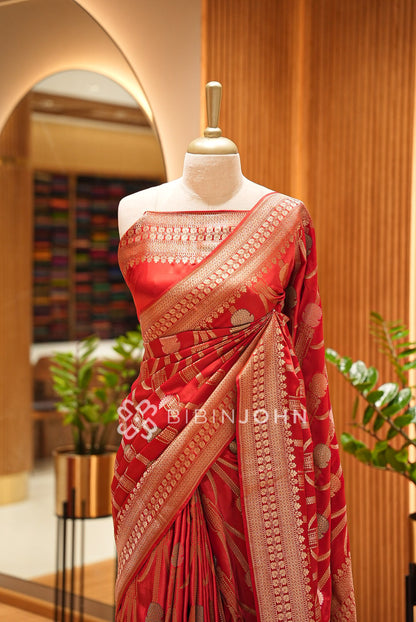 Satin Brocade Saree For Women Vibrant Red CLOSE VIEW