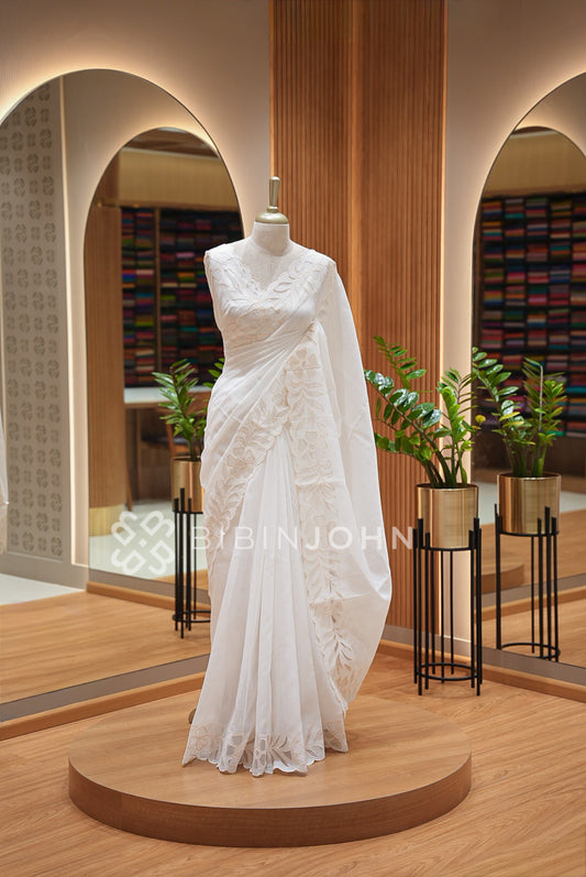 Cotta Embroidery Saree Ivory White 