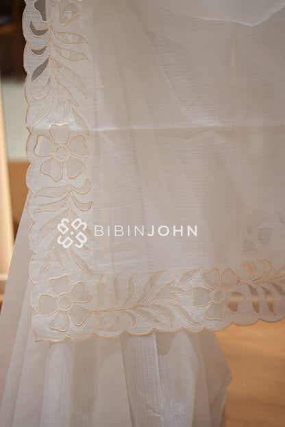 Cotta Embroidery Saree Ivory White  PALLU