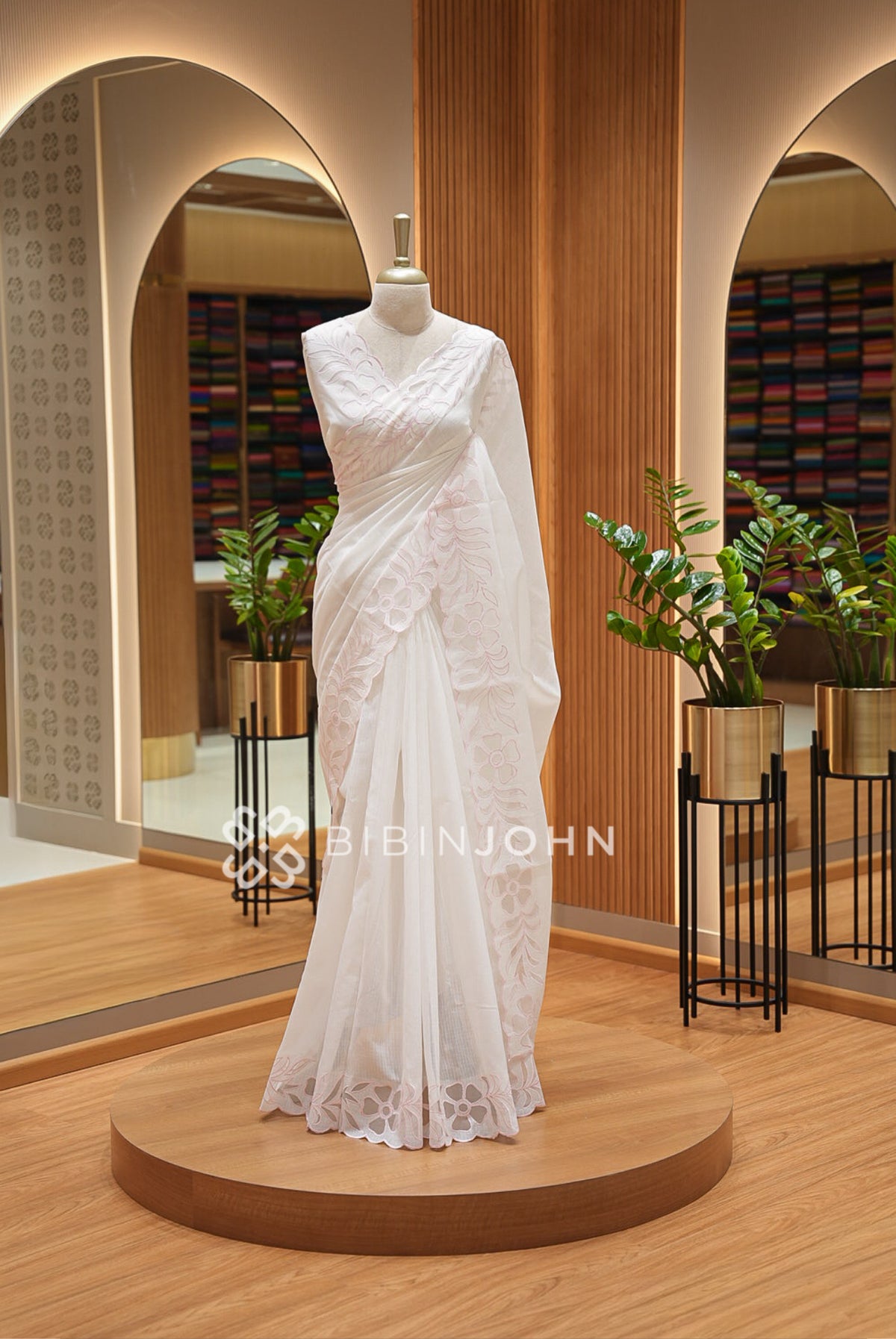 Cotta Embroidery Saree Ivory White With Blush Pink 