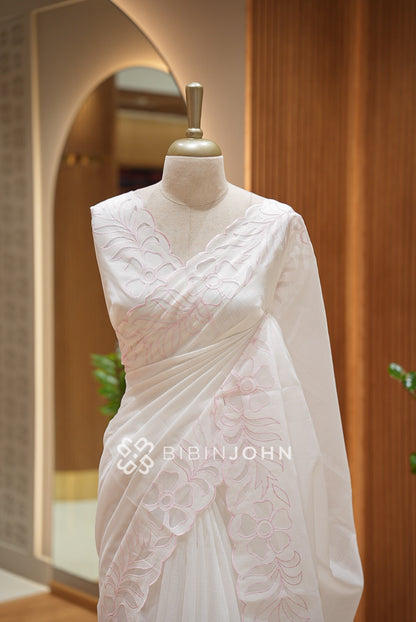 Cotta Embroidery Saree Ivory White With Blush Pink  close view