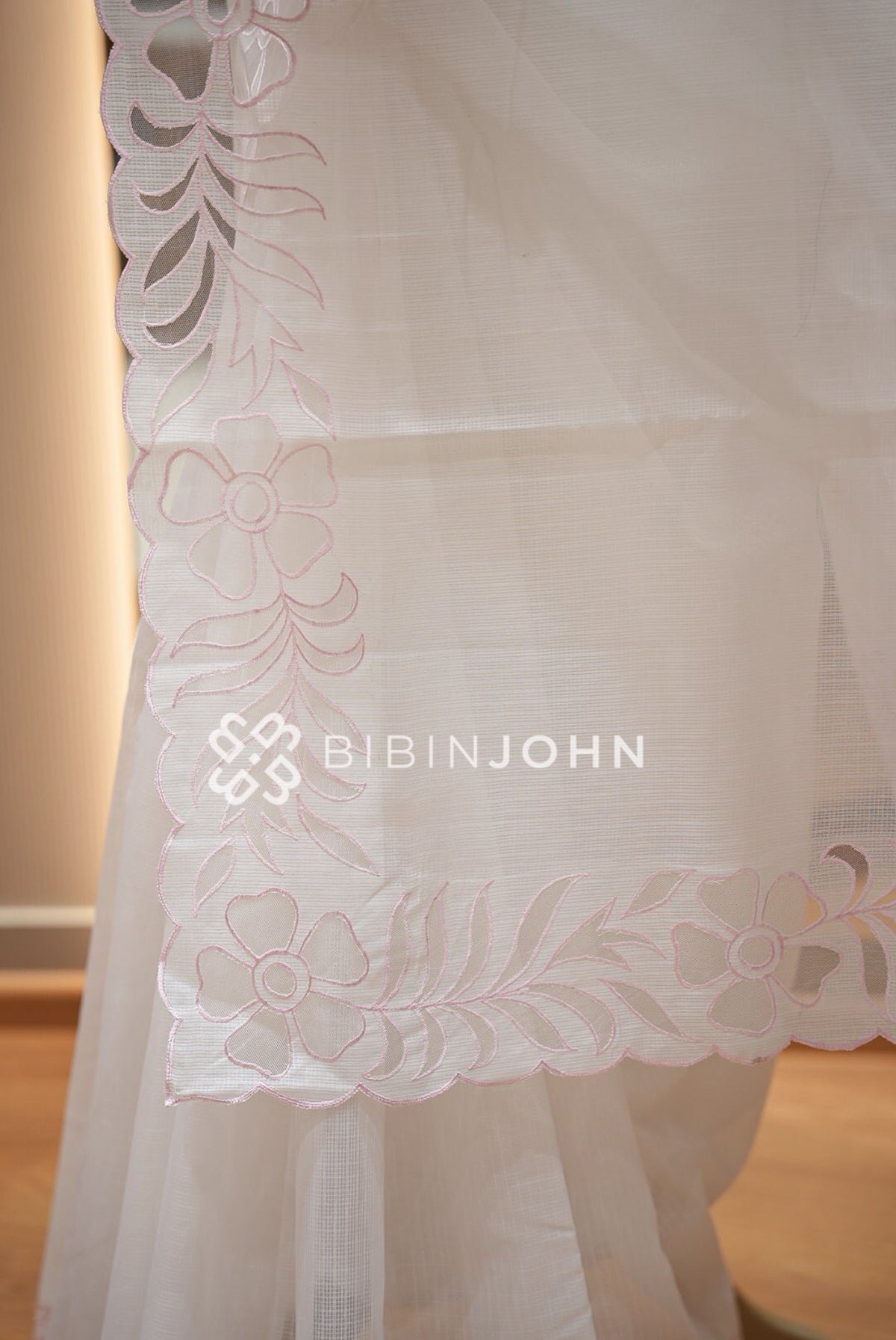 Cotta Embroidery Saree Ivory White With Blush Pink  pallu