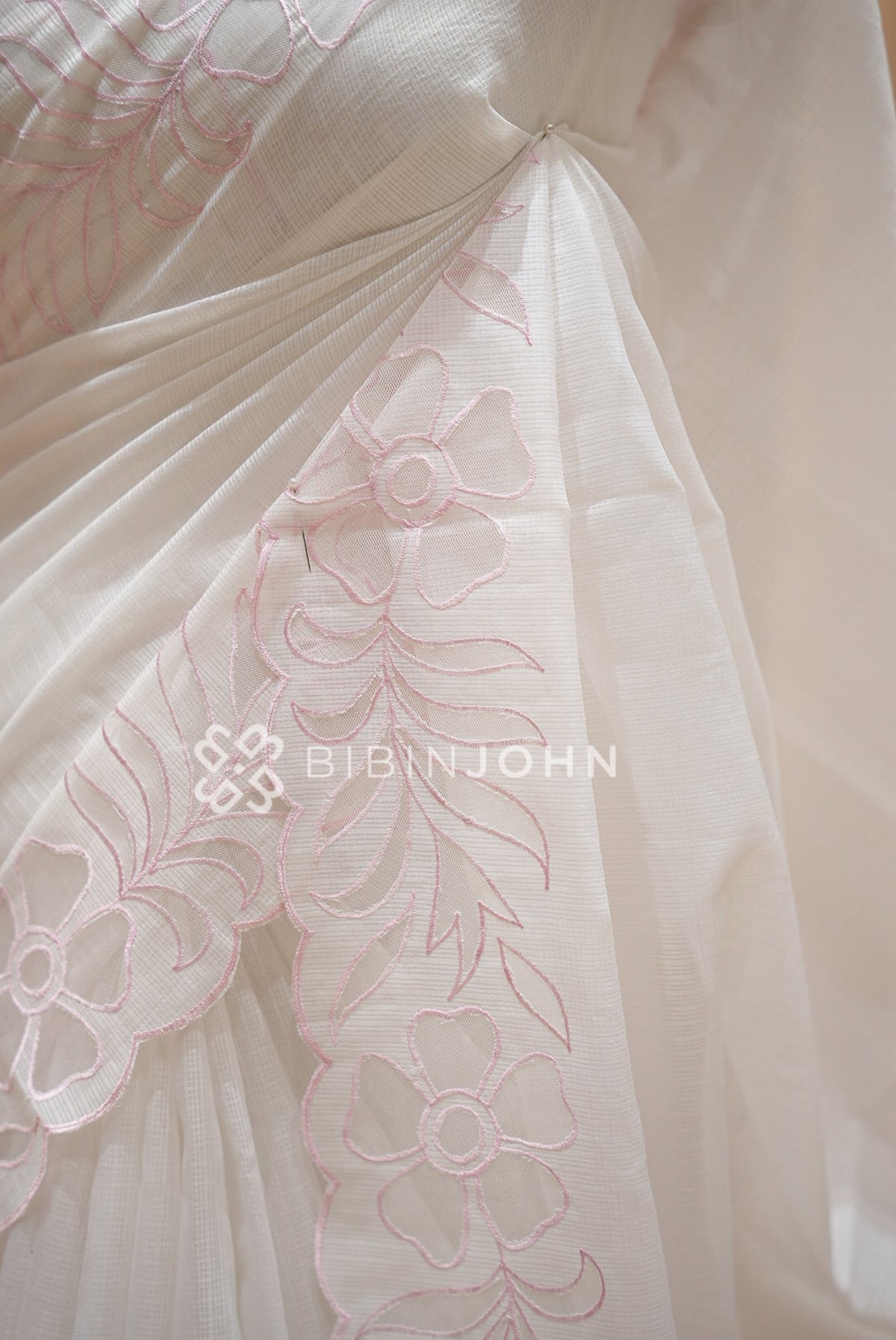 Cotta Embroidery Saree Ivory White With Blush Pink  close view