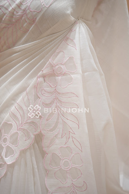 Cotta Embroidery Saree Ivory White With Blush Pink  close view