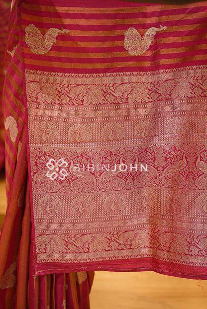Satin Brocade Saree For Women Rani Pink  PALLU