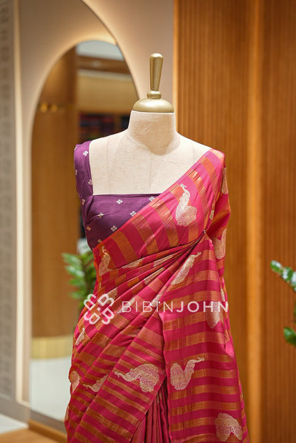 Satin Brocade Saree For Women Rani Pink  CLOSE VIEW