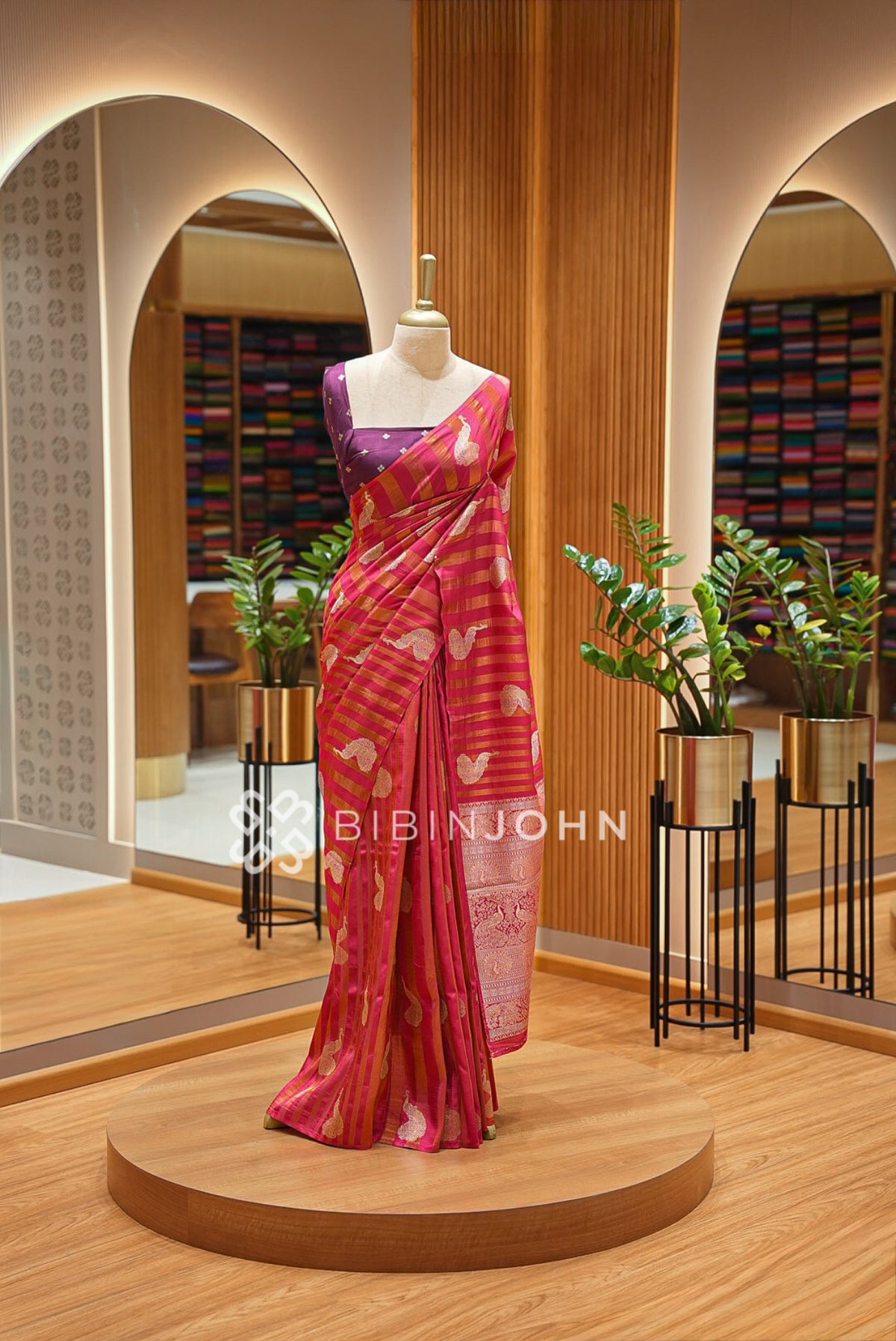Satin Brocade Saree For Women Rani Pink 