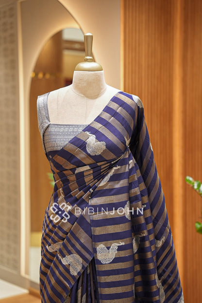 Silk Brocade Saree For Women Navy Blue  CLOSE VIEW